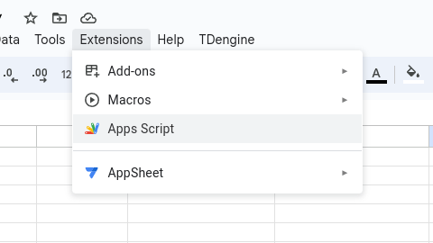 Apps Script is the third item in the Extensions menu.