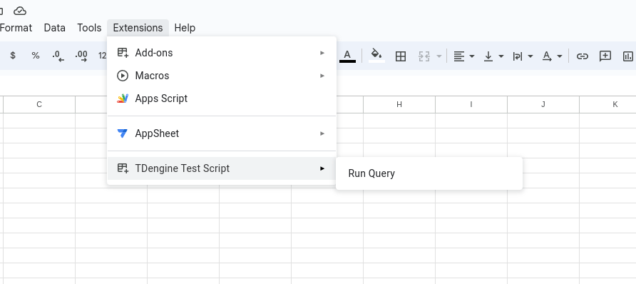 In the Extensions menu, your test script is the last item. It contains a submenu with the Run Query command.