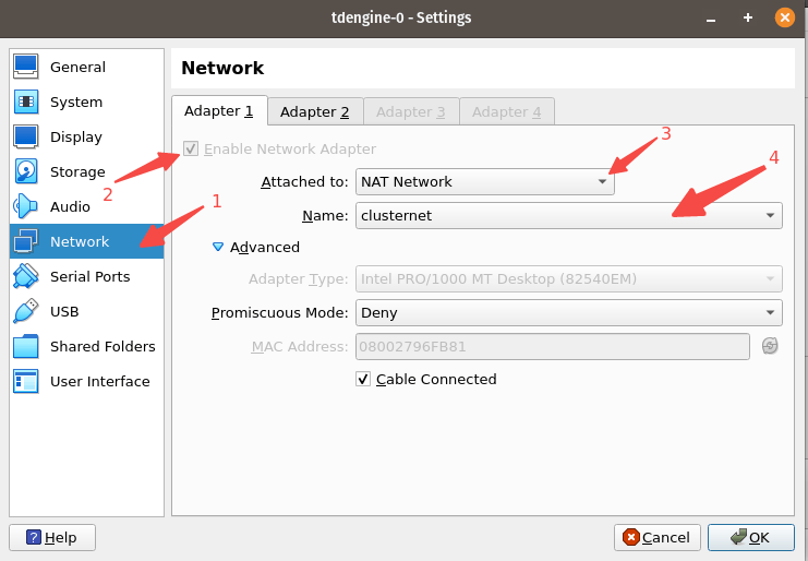 From the menu, select Network. Click Enable Network Adapter. In the Attached to menu, select NAT Network. In the Name menu, select the name of the network that you created in the previous step.